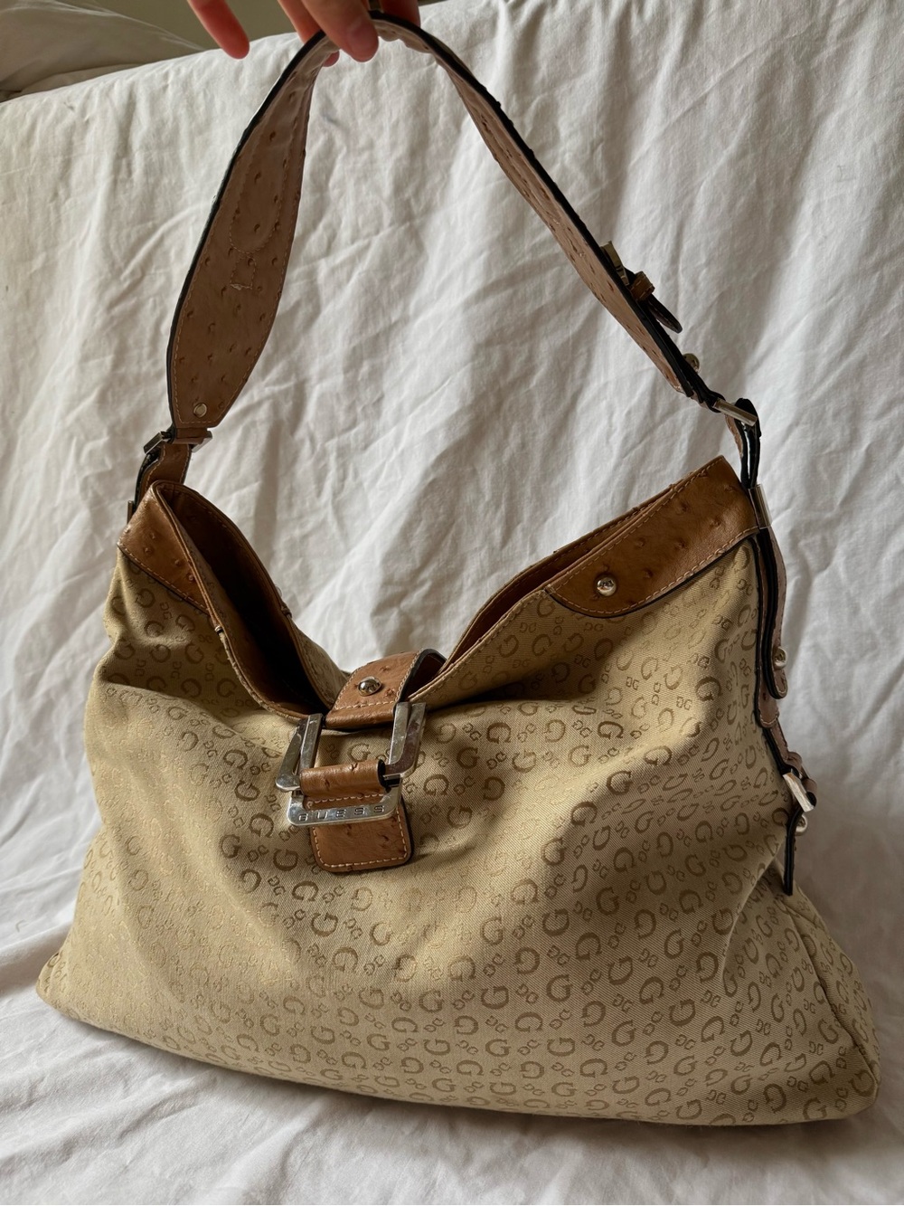 Guess Tan Logo Hobo Shoulder Bag with Buckle Accent and ostrich leather